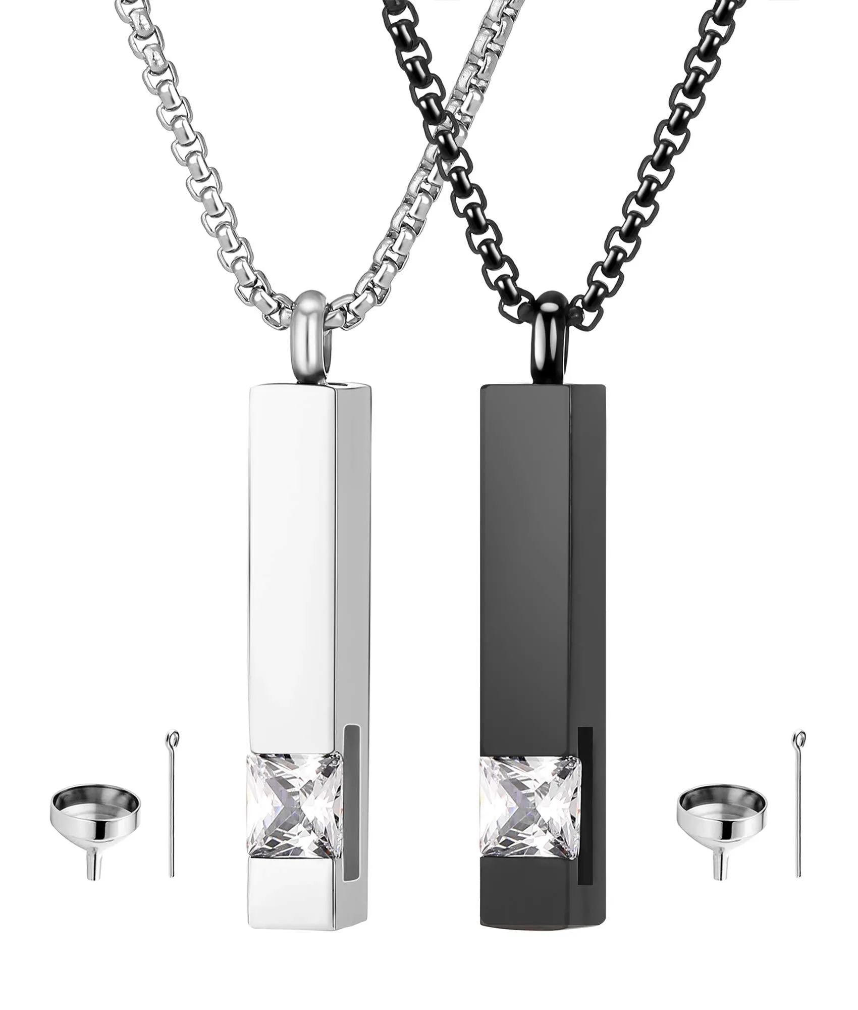 2 Pcs Urn Necklaces for Ashes Memorial Cremation Urn Necklace Stainless Steel Black Silver Tone Bar Pendant Necklace Ashes Keepsake Jewelry With Cubic Zirconia 2Psc/Set,Black and Silver Neckalces