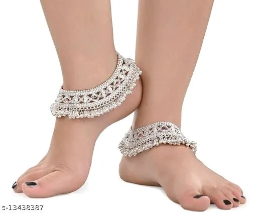 Aanya Centric 1 Pair Bridal Heavy Silver Plated White Metal Indian Traditional Ethnic Anklets चांदी का पायल Payal 