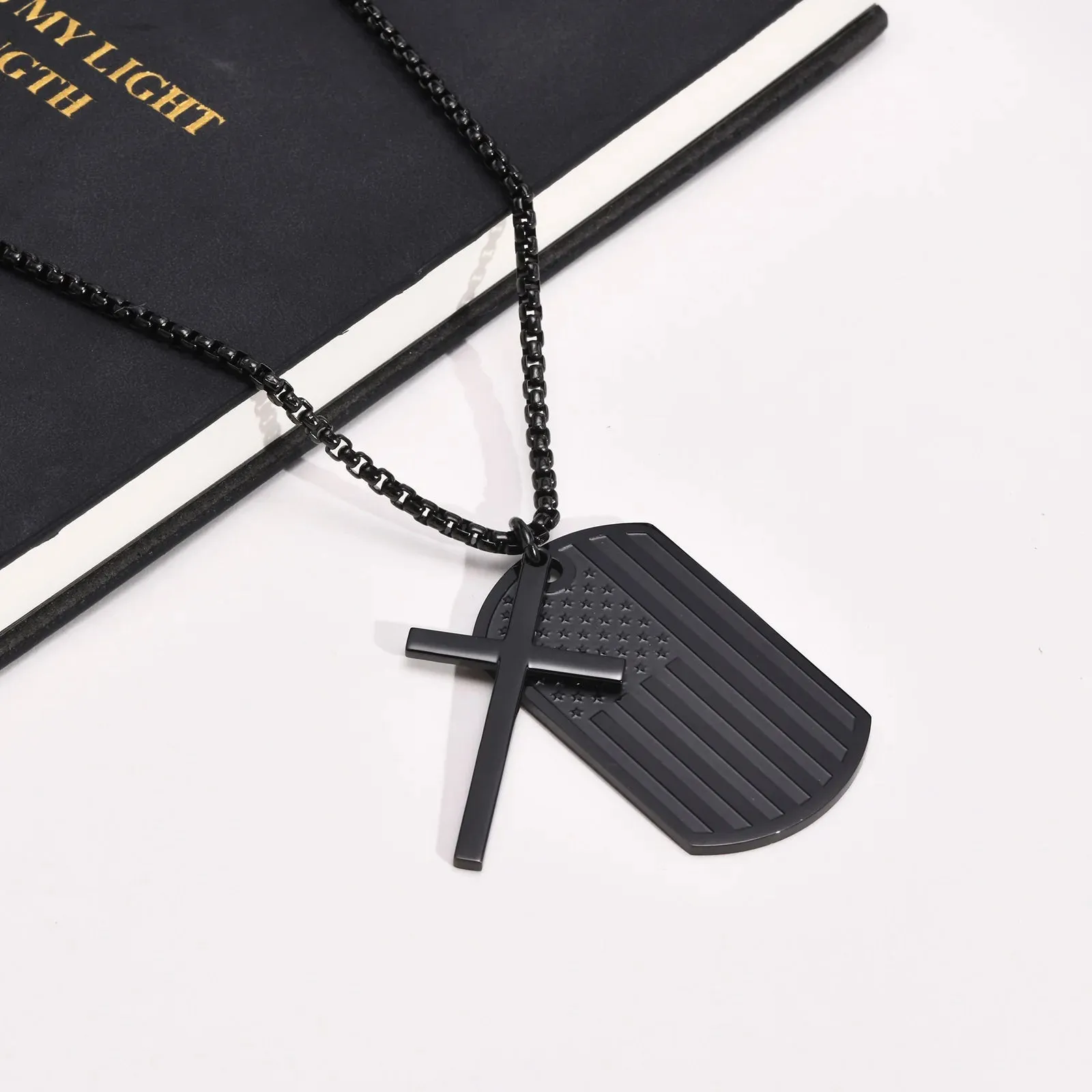 Black Cross Necklaces for Men, Waterproof Stainless Steel America US Flag Dog Tag Pendant Collar