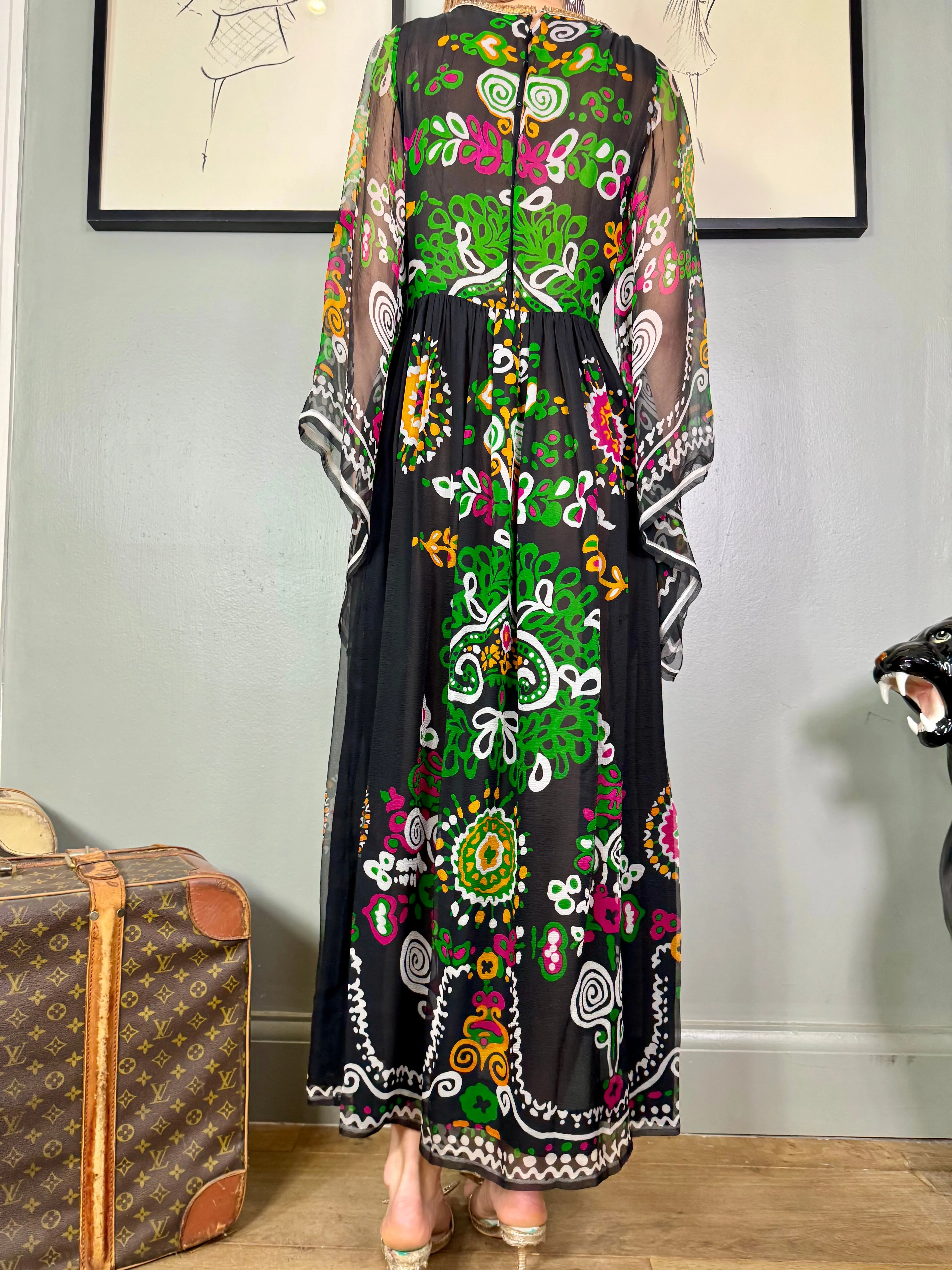 Davina, 70s chiffon print angel sleeve dress