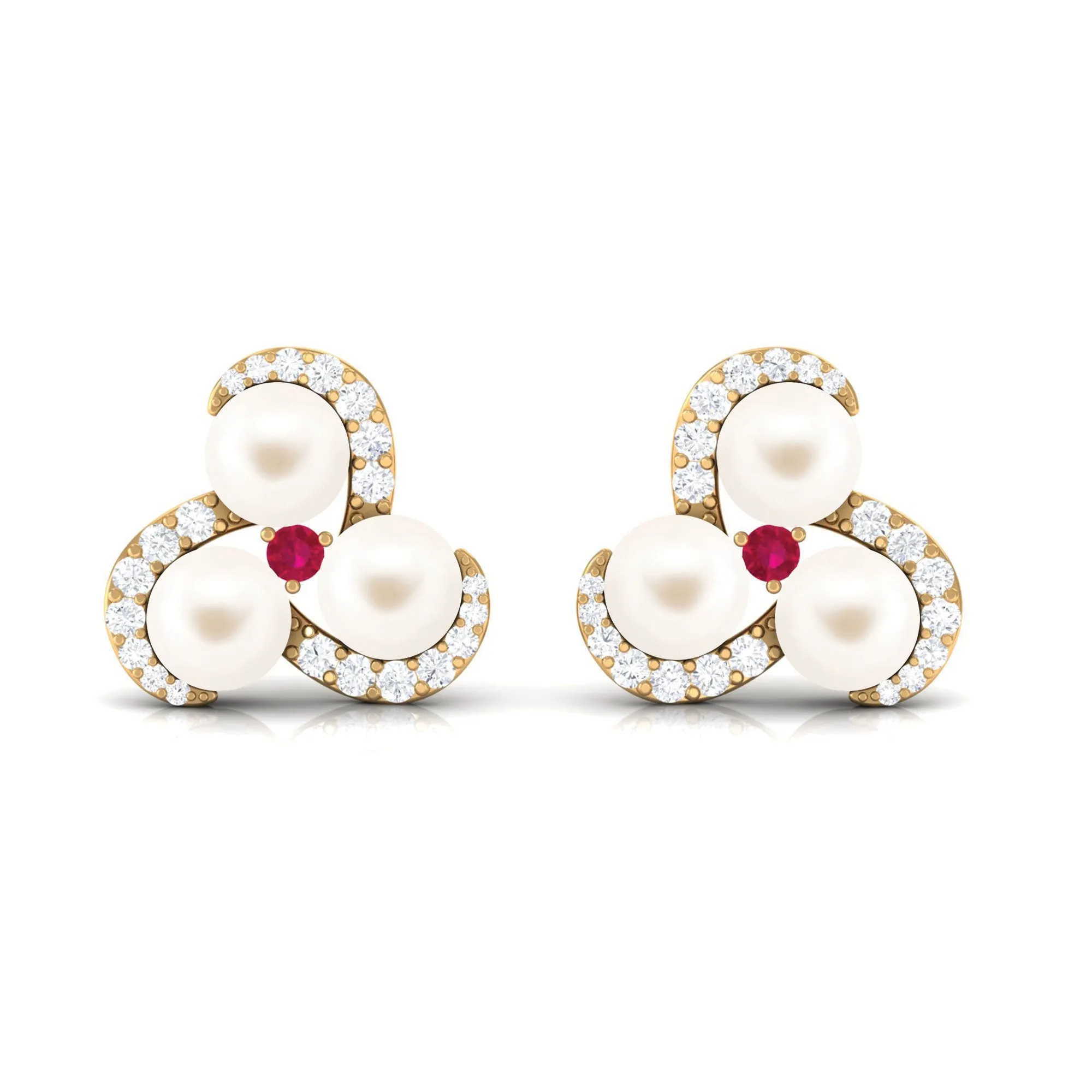Freshwater Pearl Cluster Stud Earrings with Ruby and Diamond