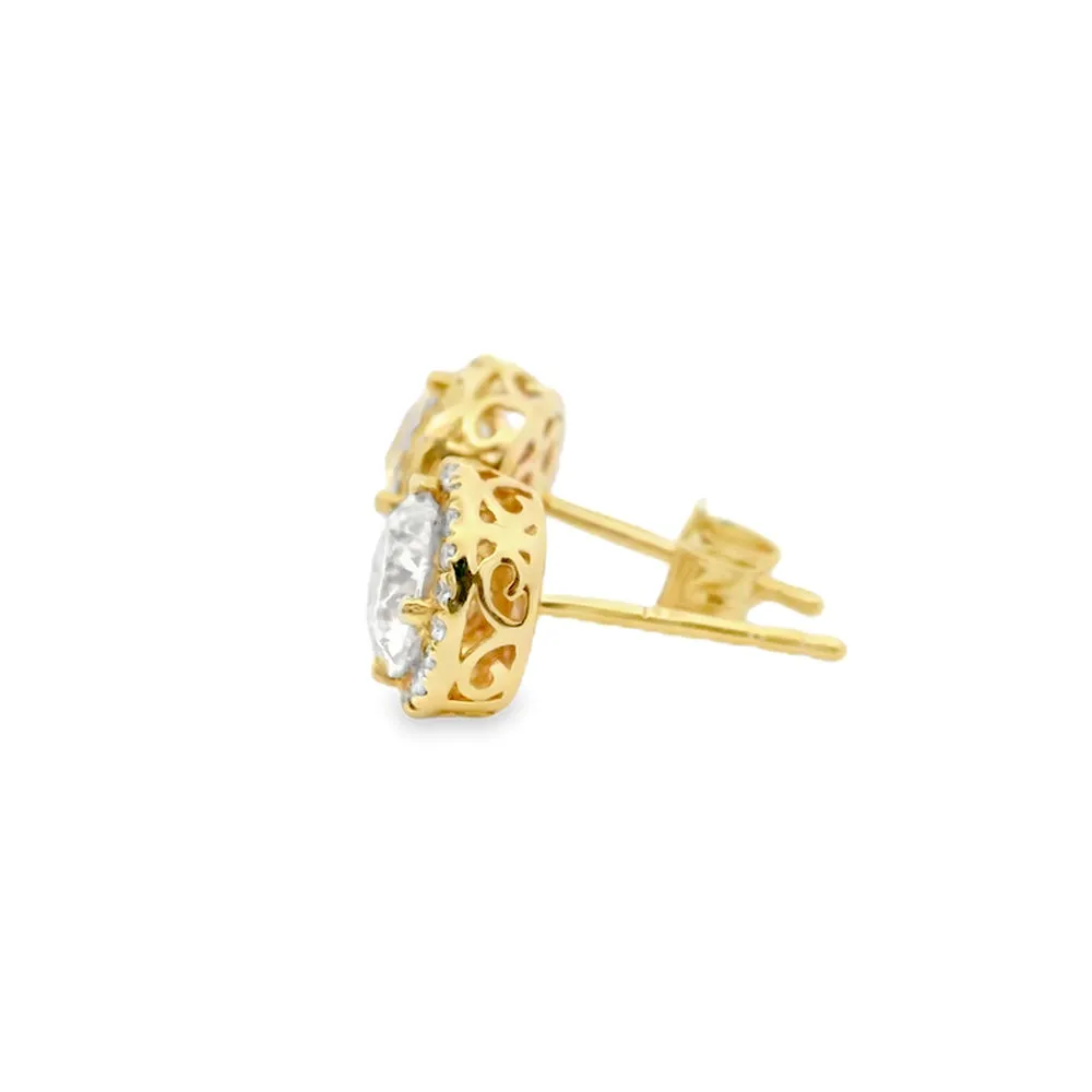over 2ctw Round Halo Lab-Diamond Stud Earrings 14k Gold With Vintage Details