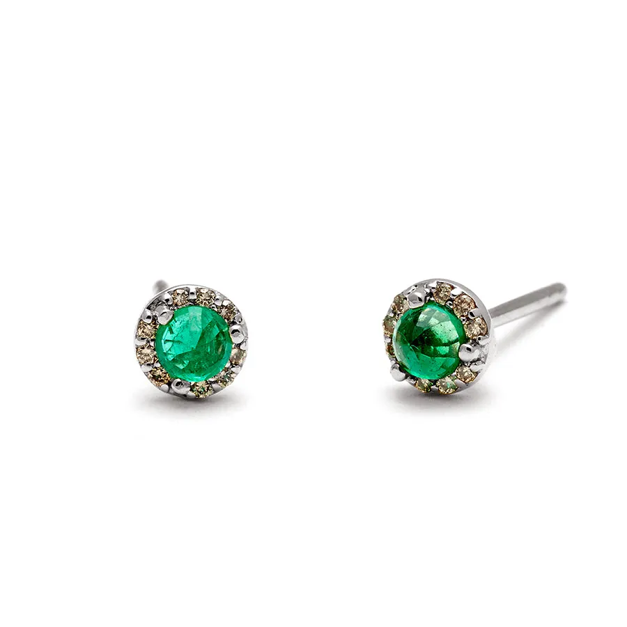 Rosette Stud Earring (Tiny) - Sterling Silver, Emerald & Champagne Diamonds