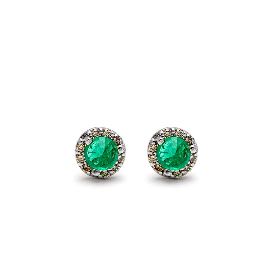 Rosette Stud Earring (Tiny) - Sterling Silver, Emerald & Champagne Diamonds