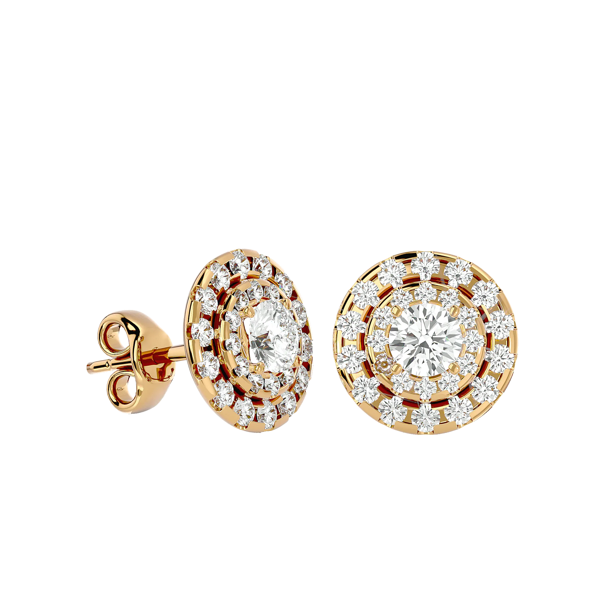 Round Shape Double Halo Diamond Stud Earrings.
