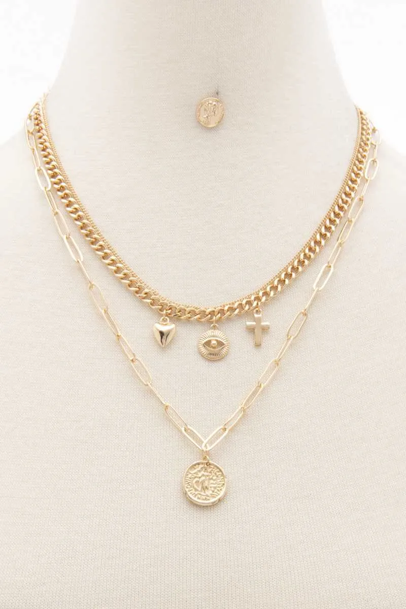 Sodajo Coin Charm Oval Link Layered Necklace